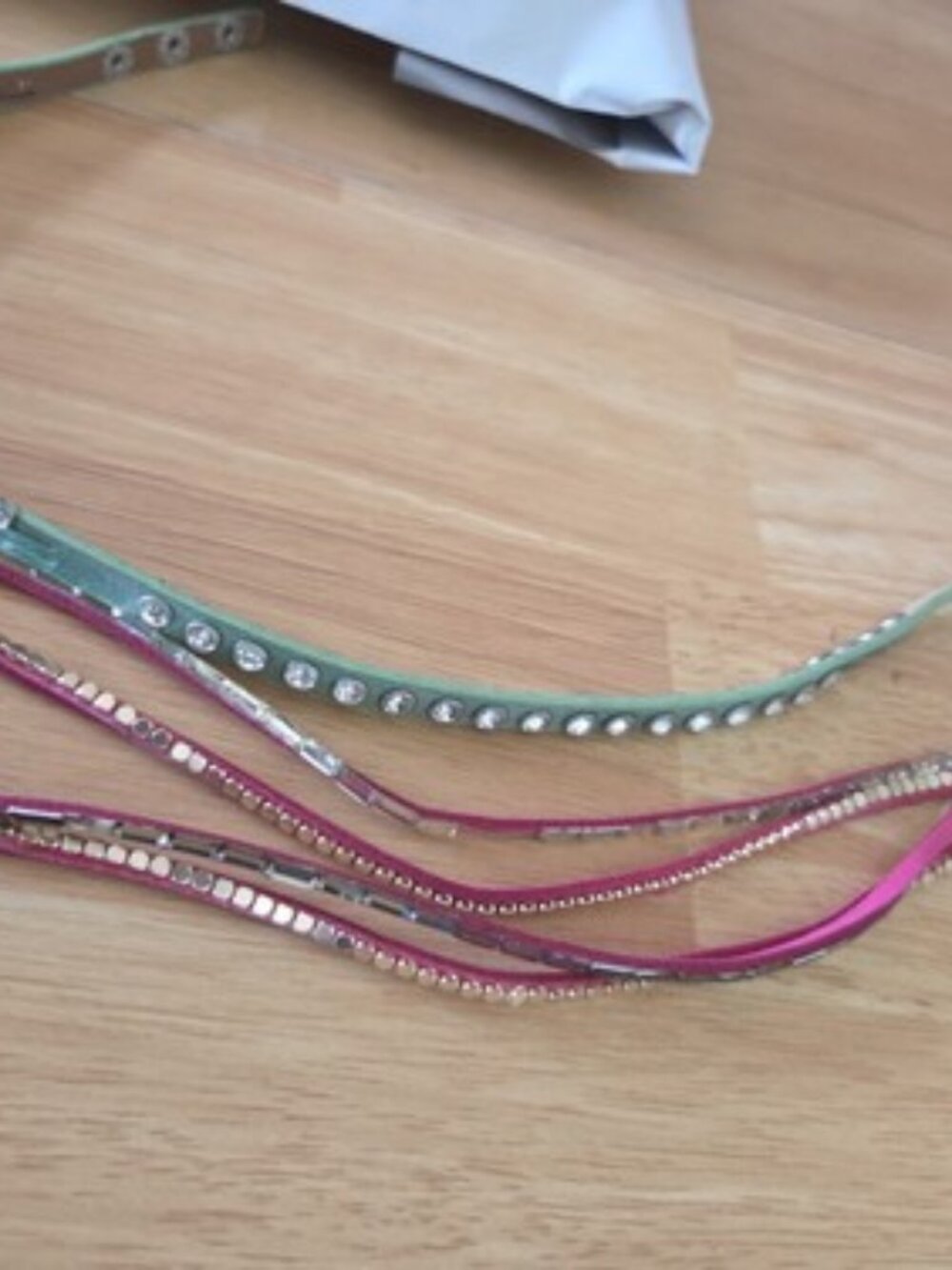 Pair of 2 Faux Leather Wrap Bracelets Or Chokers One Green One Pink Studs Gems